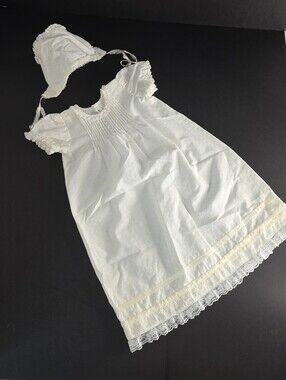 Vintage Ivory Baby Infant Dress Bonnet Matching Set Daygown Christening 60-70's